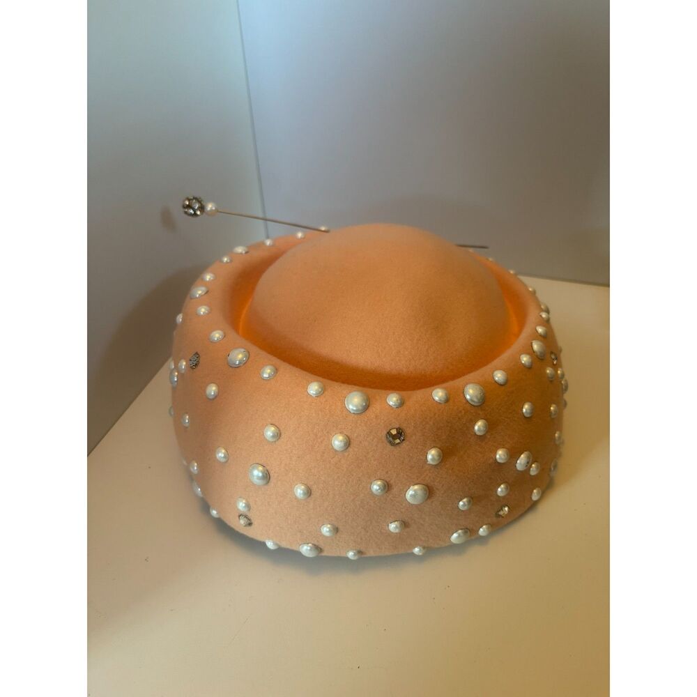 Adolfo II Pillbox Bubble Wool Felt Hat Vintage 60s Pink Pearl Rhinestone Derby